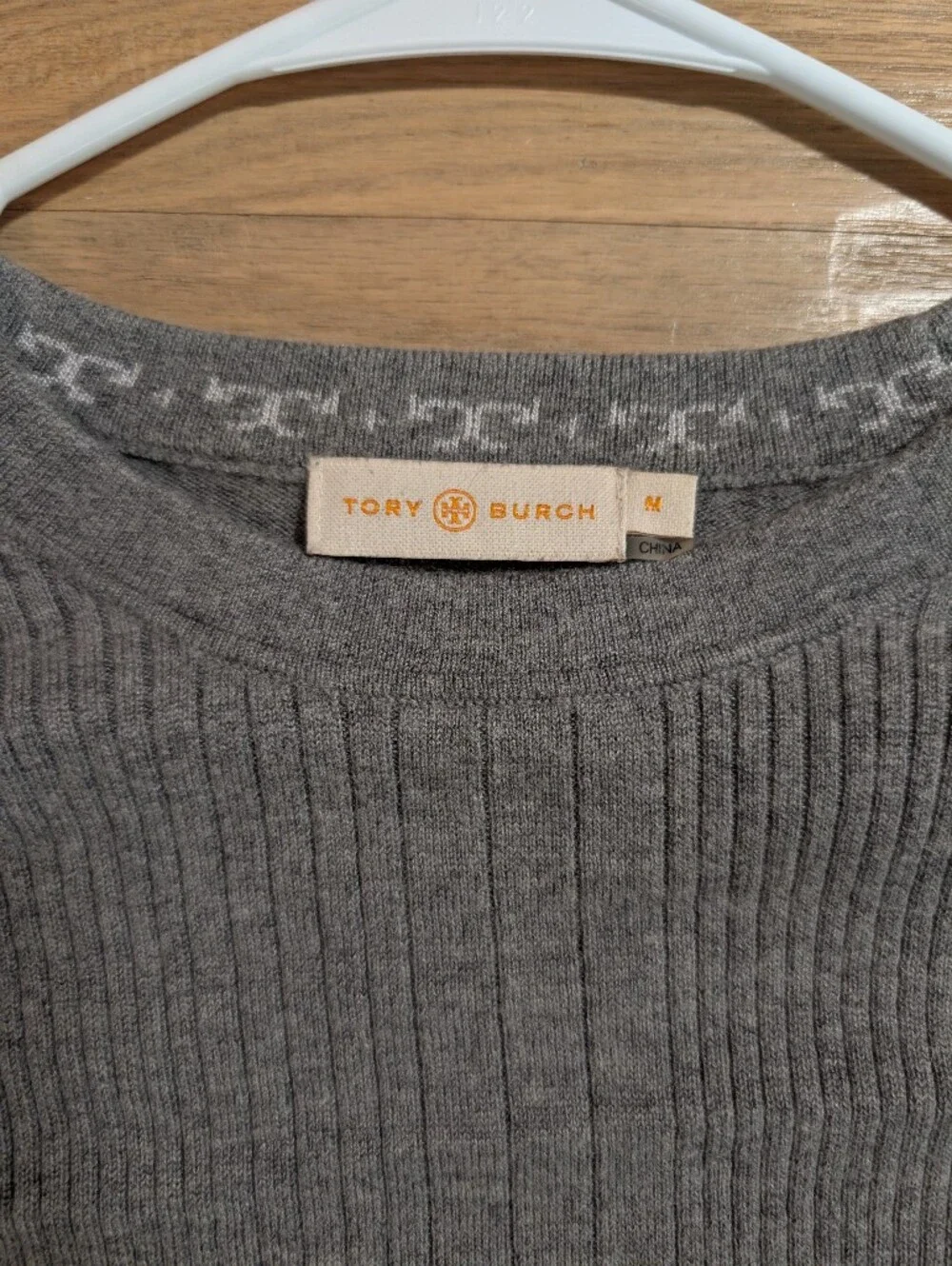 Tory Burch Gray Ribbed Crewneck Cashmere Blend Sweater with Peplum Hem